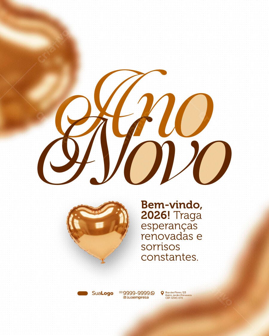 Flyer Boas Vindas Ano Novo 2026 Balão Dourado Coração PSD Editável