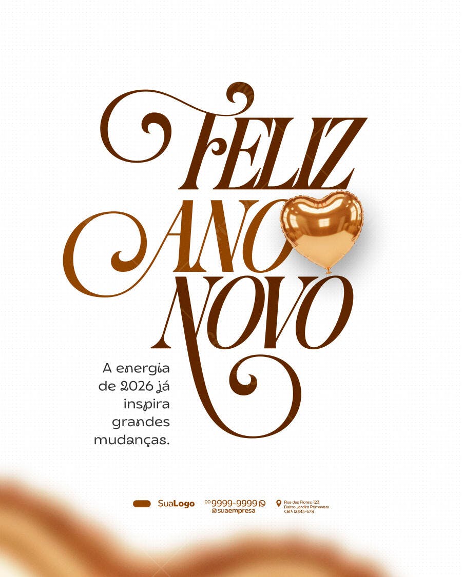 Flyer Feliz Ano Novo 2026 Balão Dourado Coração PSD Editável