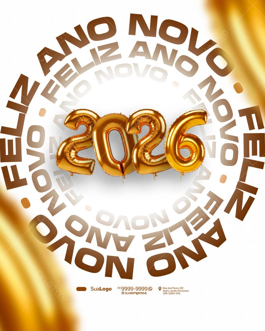 Flyer Feliz Ano Novo 2026 Balões Dourados PSD Editável