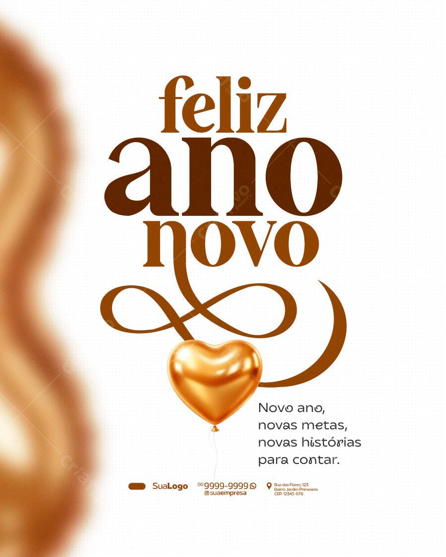Post para Redes Sociais Feliz Ano Novo Balão Dourado PSD Editável