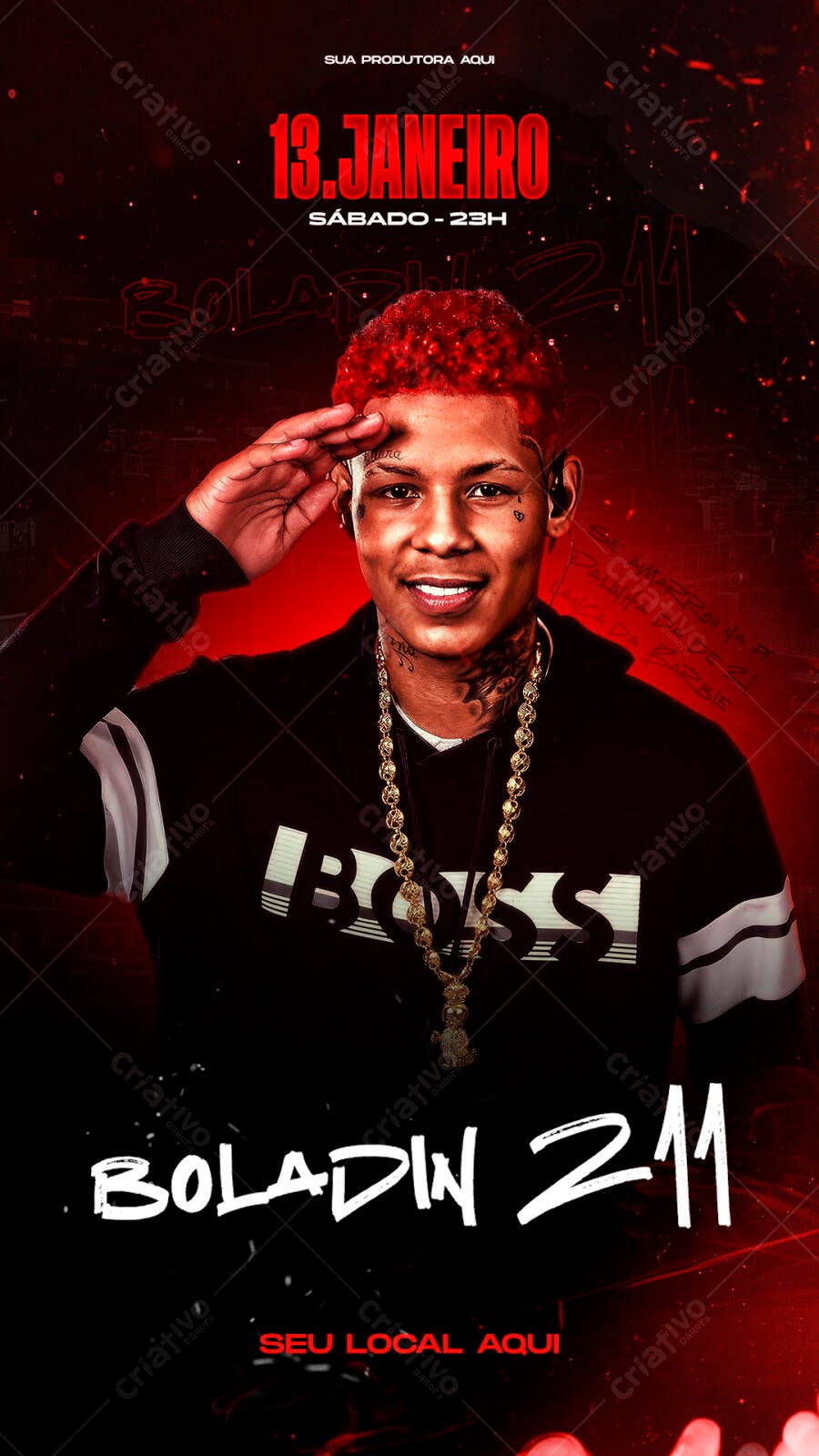 Flyer de Show Boladin 211 Rap Funk com Rapper de Cabelo Vermelho PSD Editável