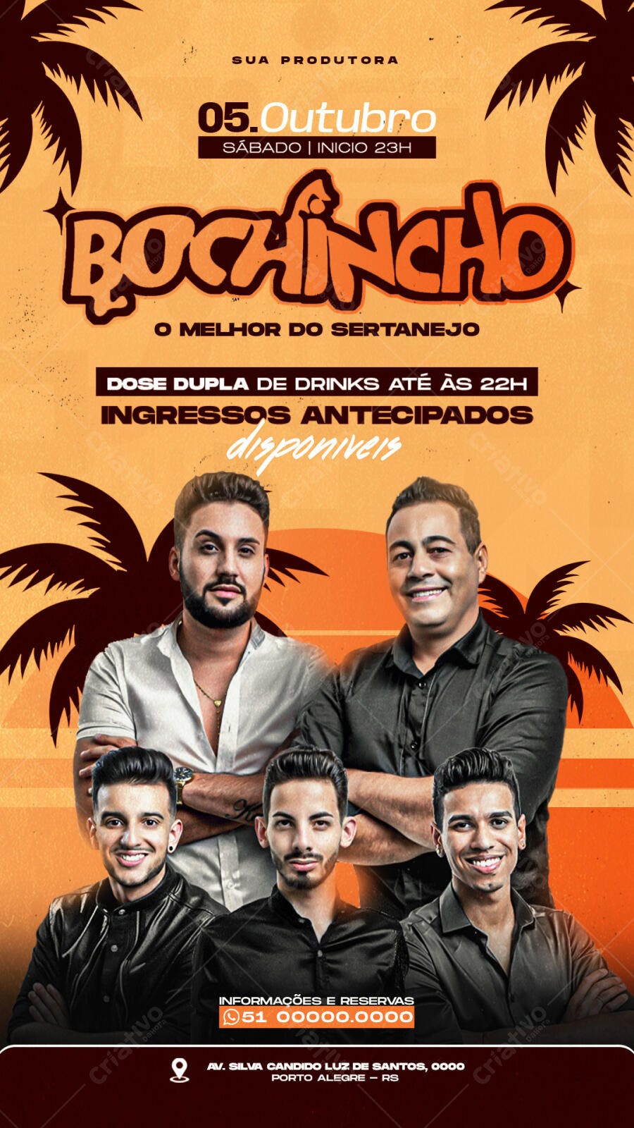 Flyer Festa Sertanejo Bochincho com 5 Cantores e Palmeiras PSD Editável