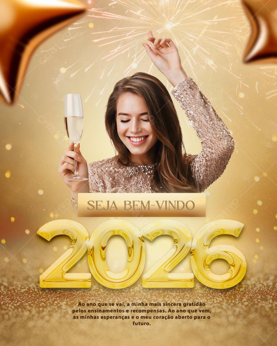 Flyer Ano Novo 2026 Dourado Seja Bem-Vindo PSD Editável