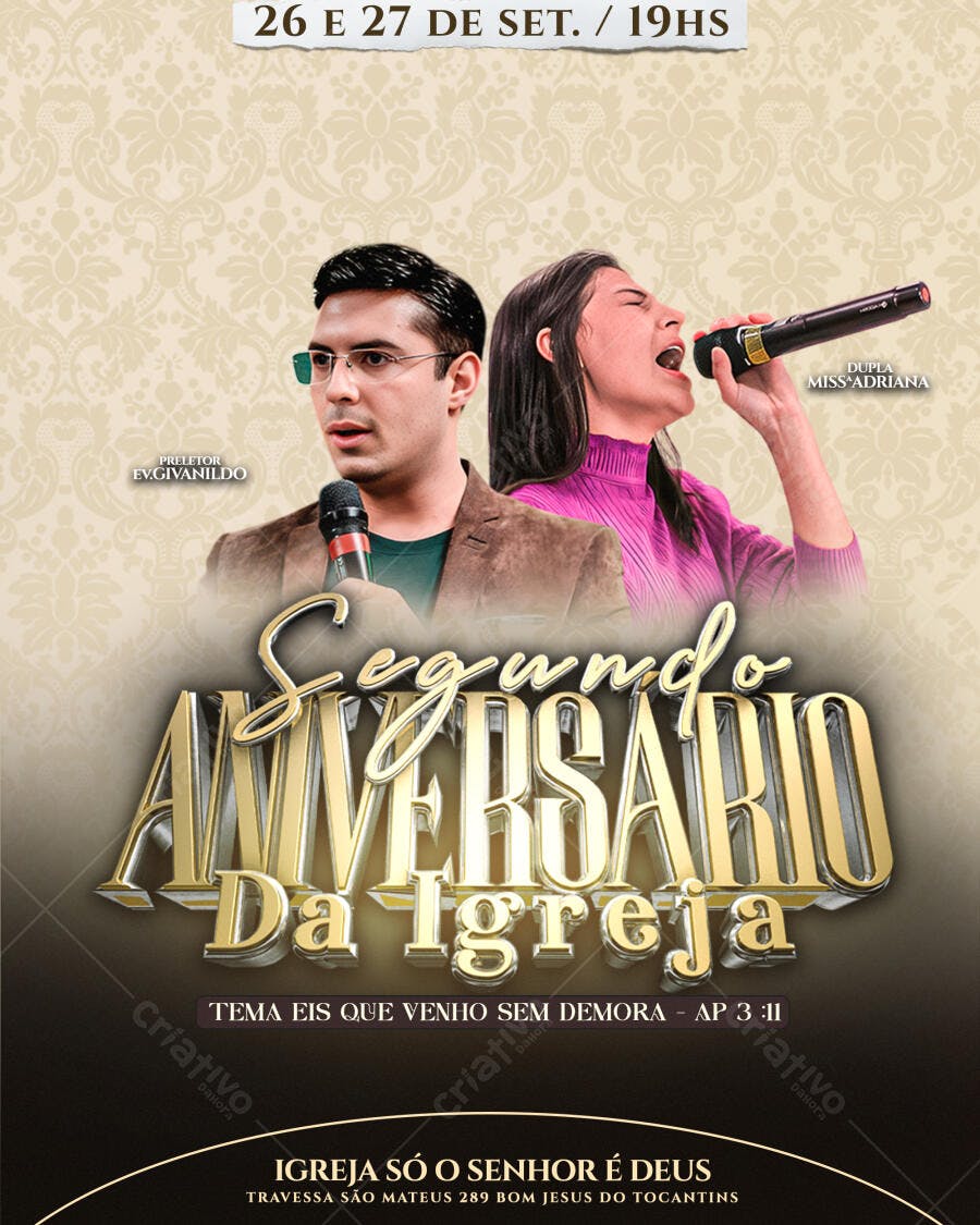 Flyer Segundo Aniversário Igreja Preletor Givanildo Cantora Adriana PSD Editável