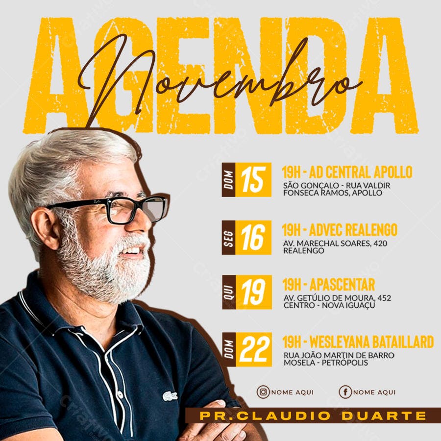 Flyer Agenda Religiosa Novembro Pr. Claudio Duarte PSD Editável