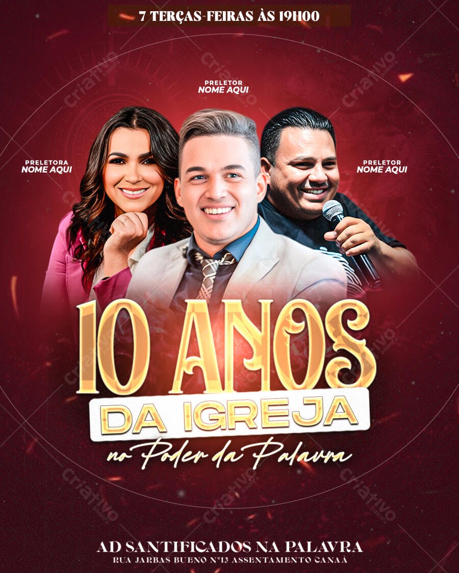 Flyer Aniversário 10 Anos Igreja e Culto com Preletores PSD Editável