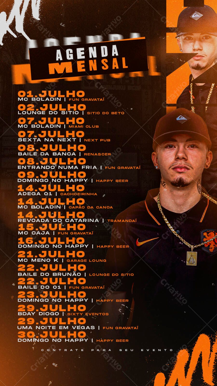 Flyer Agenda Mensal Shows Baladas Julho PSD Editável