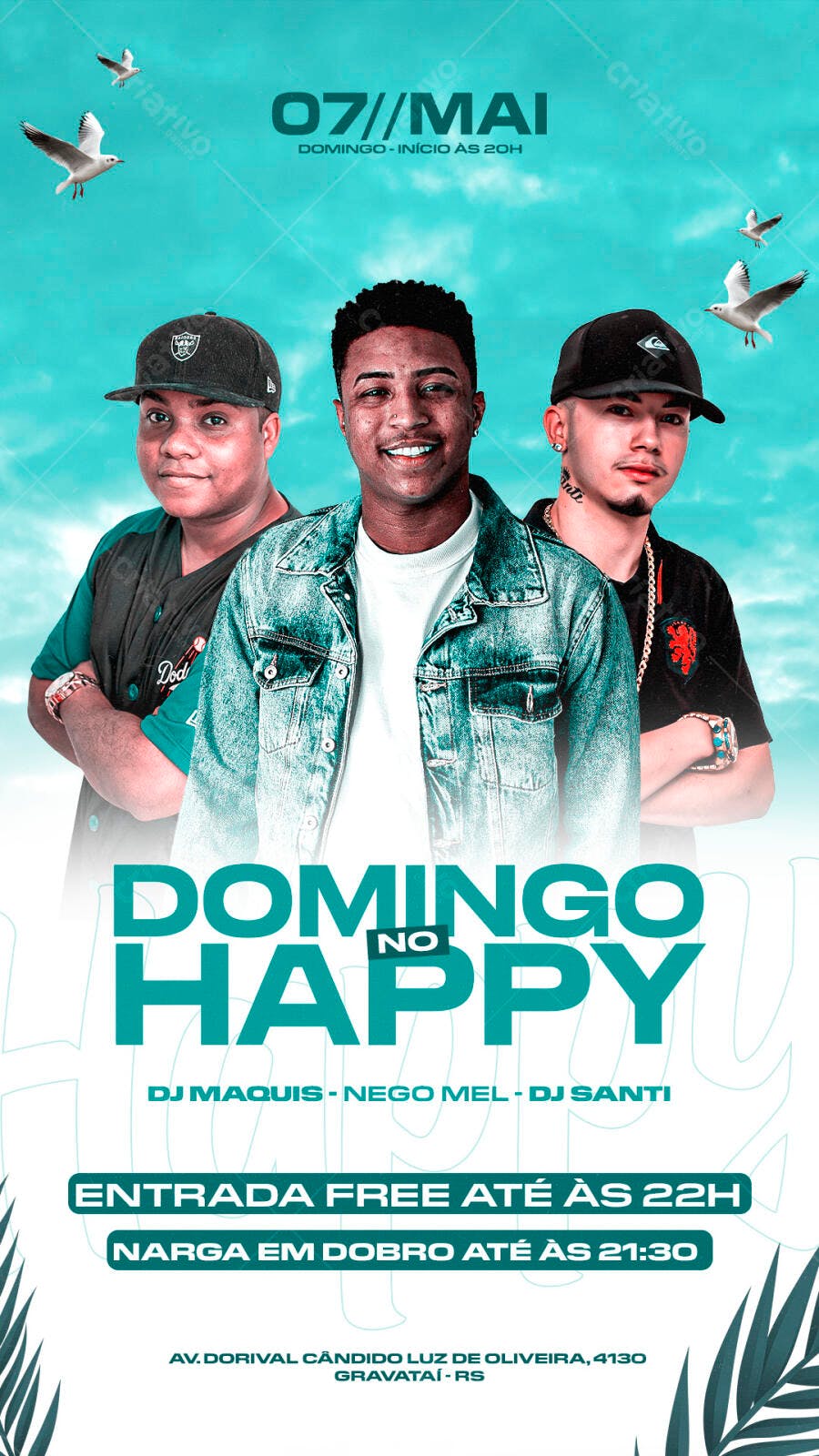 Flyer de Festa Domingo Happy com DJs Maquis Nego Mel Santi PSD Editável