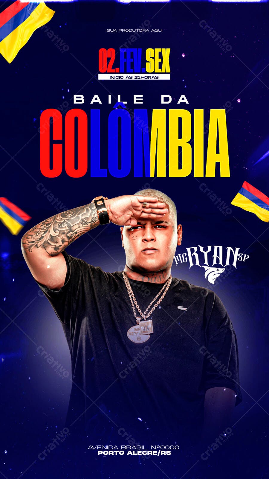 Flyer de Festa Baile da Colombia com MC Ryan SP PSD Editável