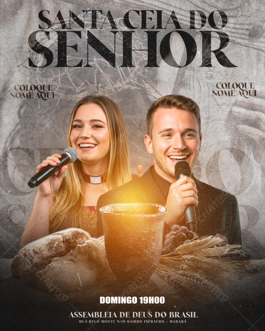 Flyer Santa Ceia do Senhor com cantores e elementos cristãos PSD Editável