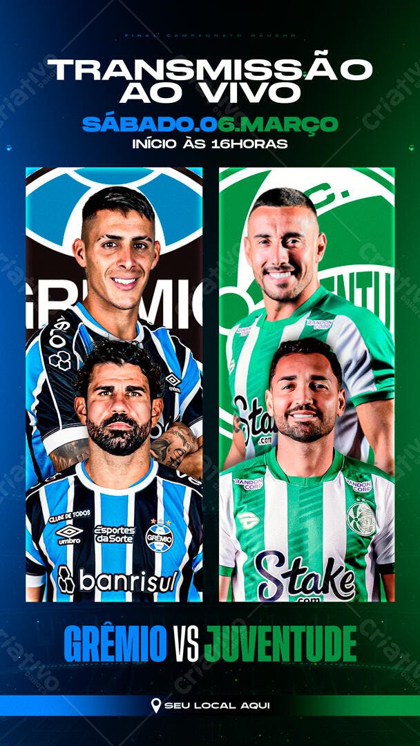 Flyer Jogo de Futebol Grêmio vs Juventude Transmissão ao Vivo PSD Editável