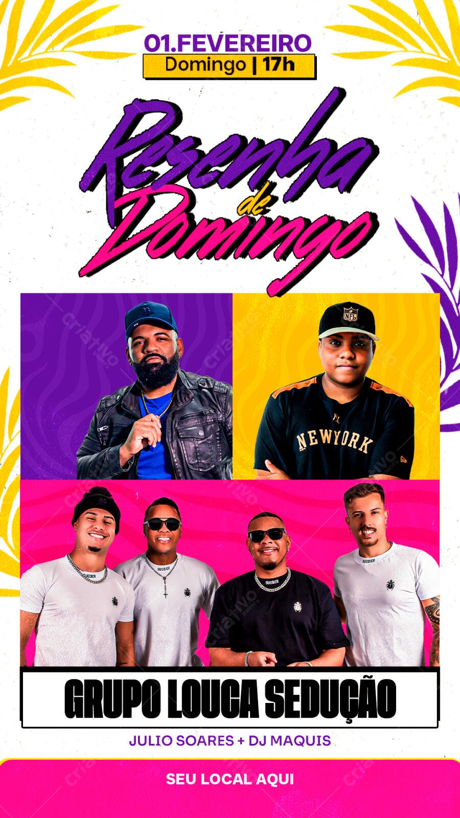 Flyer de Evento Roxo Rosa para Resenha de Domingo com Grupo Louca Sedução PSD Editável