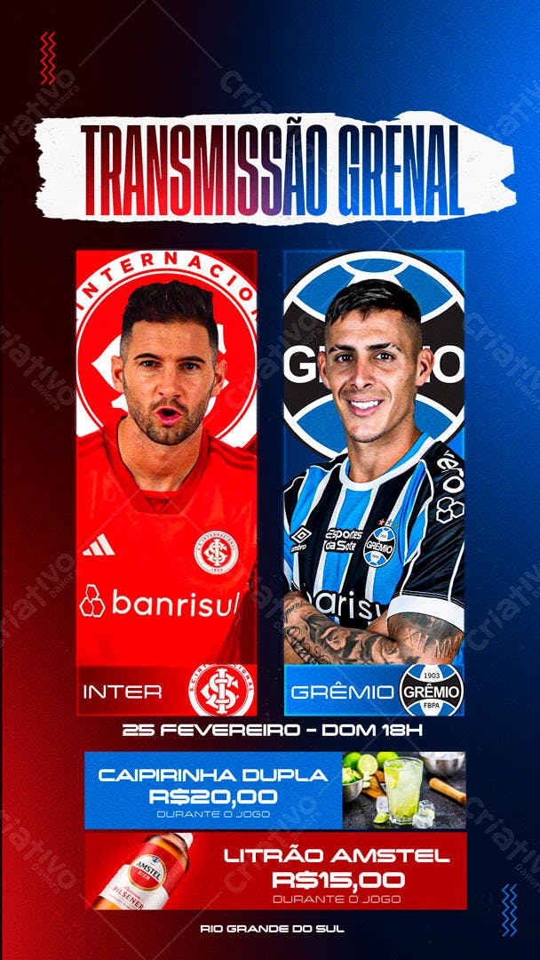 Flyer Social Media para Transmissão Grenal Futebol Inter e Grêmio PSD Editável