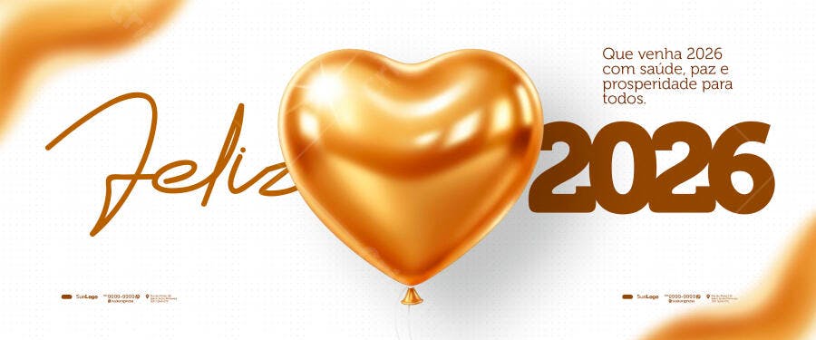 Flyer Feliz Ano Novo 2026 com Balão Dourado Coração PSD Editável