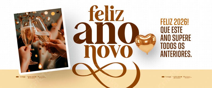 Flyer de Feliz Ano Novo 2026 com Brinde e Balão Dourado PSD Editável
