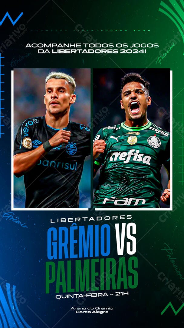 Post Redes Sociais Libertadores Grêmio vs Palmeiras 2024 PSD Editável