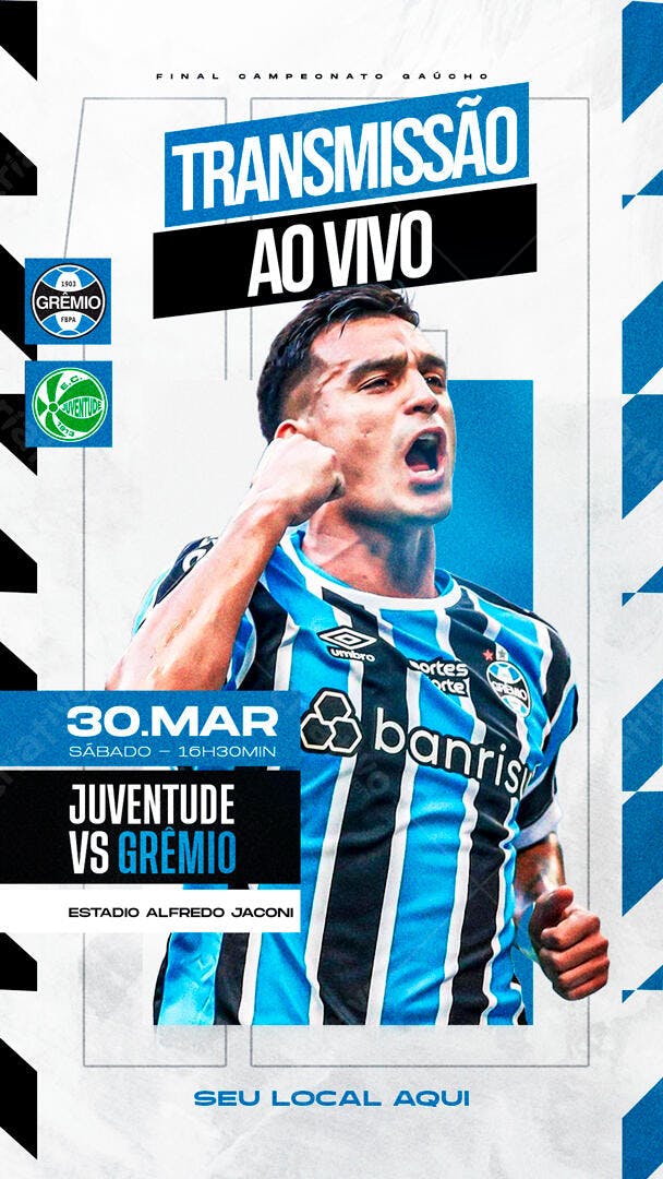 Flyer de Futebol Grêmio vs Juventude Transmissão Ao Vivo PSD Editável