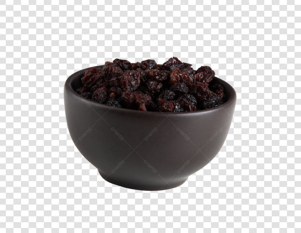 Alimento saudável Uvas Passas Frescas em Tigela Marrom PNG com fundo transparente
