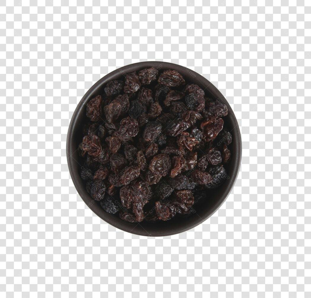 Alimento Uvas Passas Escuras em Tigela Preta PNG com fundo transparente