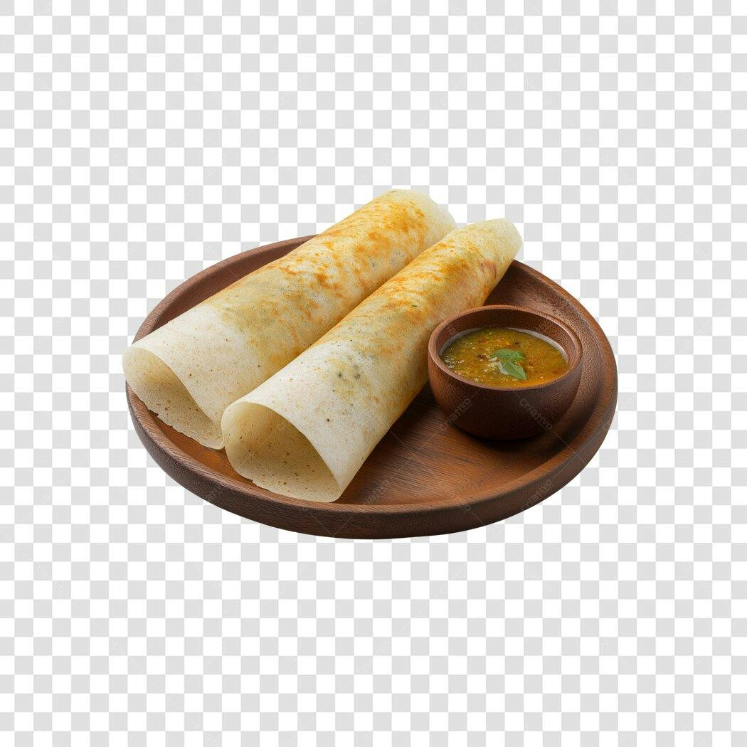 Foto de Comida Dosa Indiana com Sambhar e Prato de Madeira PNG com fundo transparente