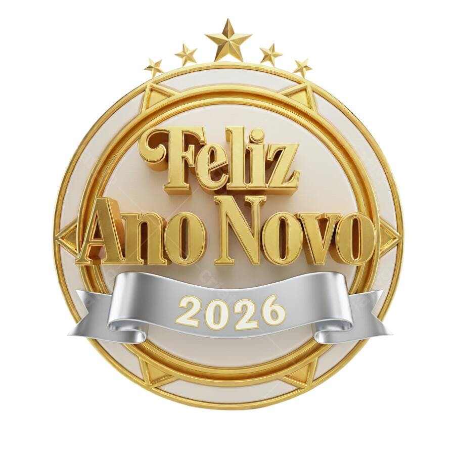 Selo Feliz Ano Novo 2026 dourado e prateado 3D PNG com fundo transparente