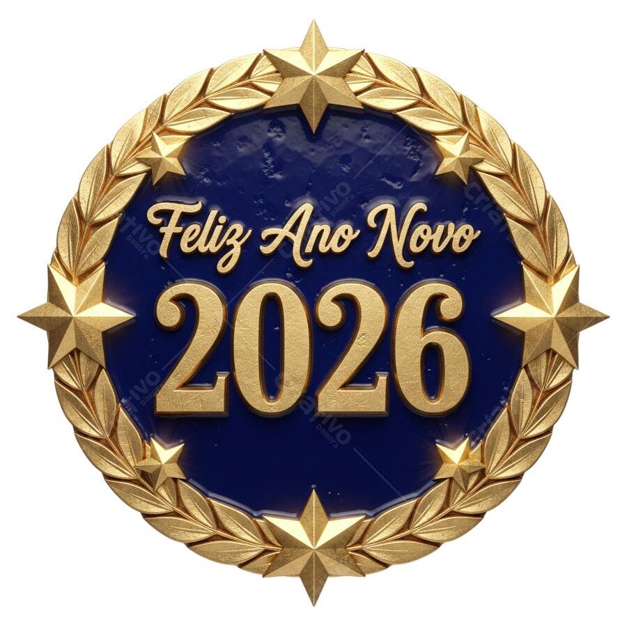 Selo Feliz Ano Novo 2026 dourado azul marinho estrelas PNG com fundo transparente