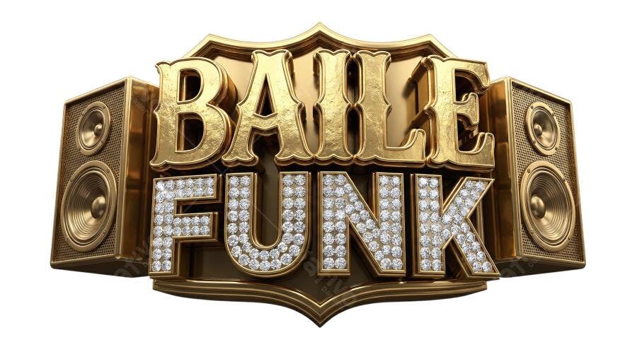 Título 3D Baile Funk dourado com diamantes e caixas de som PNG com fundo transparente