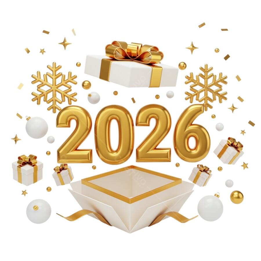 Elemento Gráfico Ano Novo 2026 Dourado com Presentes PNG com fundo transparente