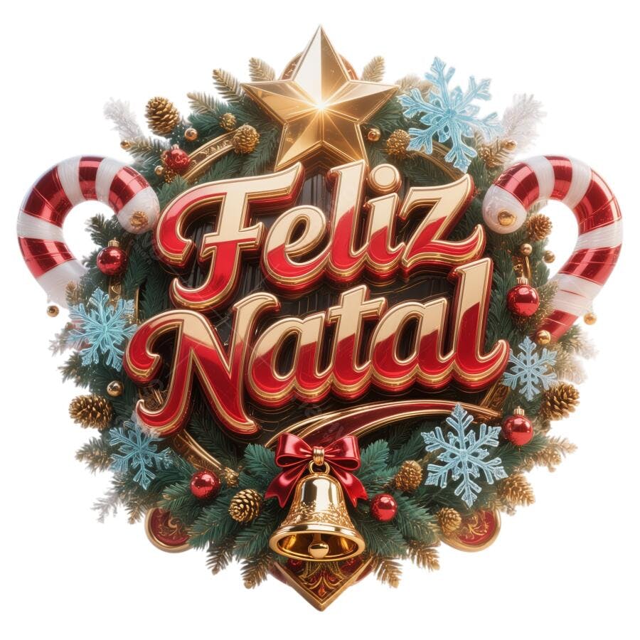 Elemento Gráfico Feliz Natal 3D dourado vermelho PNG com fundo transparente
