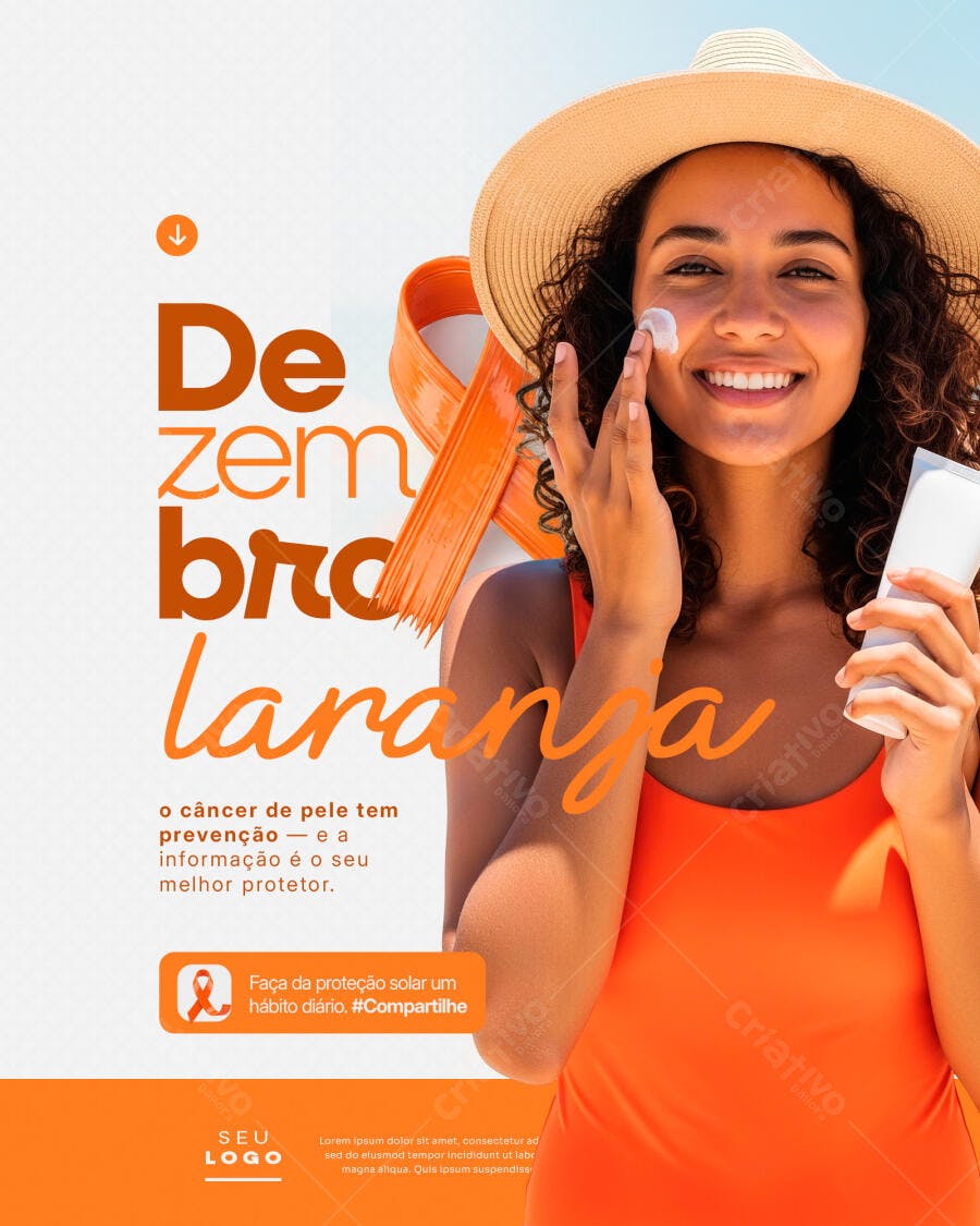 Flyer Dezembro Laranja Mulher Protetor Solar Câncer Pele PSD Editável