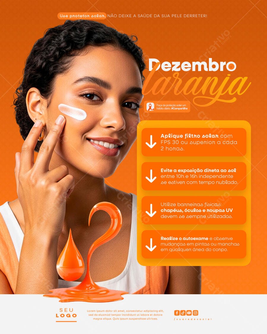 Flyer Dezembro Laranja Mulher Negra Protetor Solar PSD Editável