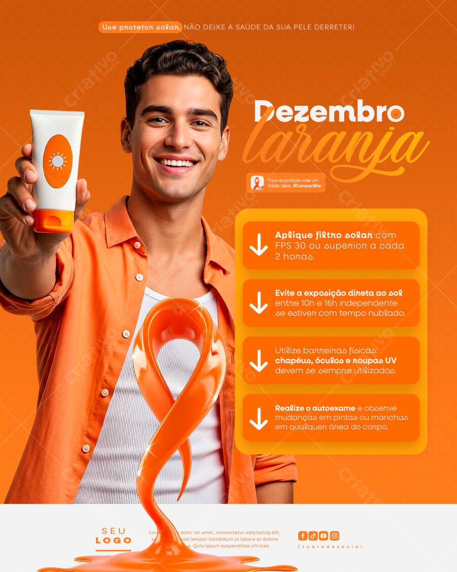 Flyer Dezembro Laranja Proteção Solar Câncer de Pele PSD Editável