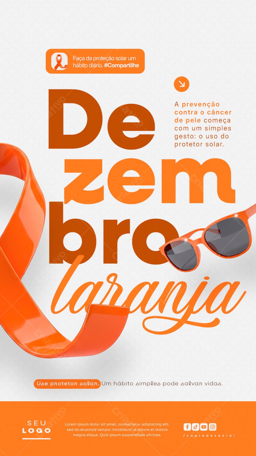 Flyer Dezembro Laranja Conscientização Câncer de Pele PSD Editável