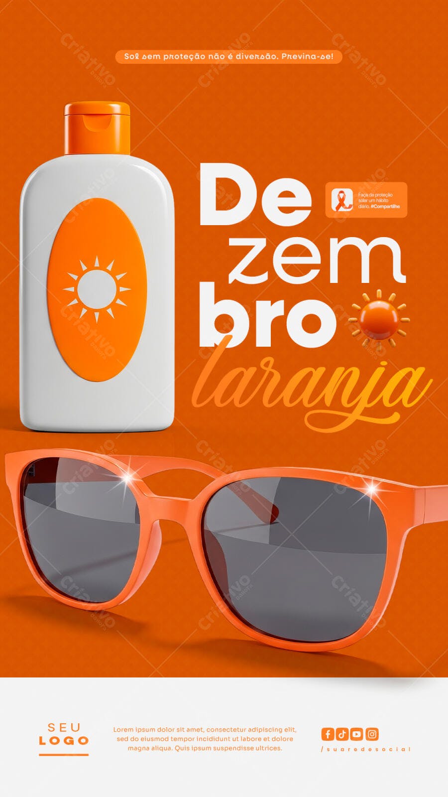Flyer Dezembro Laranja Proteção Solar Câncer de Pele PSD Editável