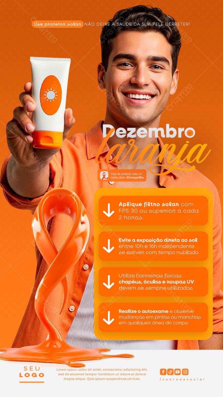 Flyer Dezembro Laranja Proteção Solar Câncer de Pele PSD Editável