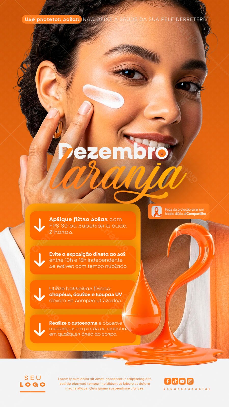 Post Redes Sociais Dezembro Laranja Mulher Protetor Solar PSD Editável