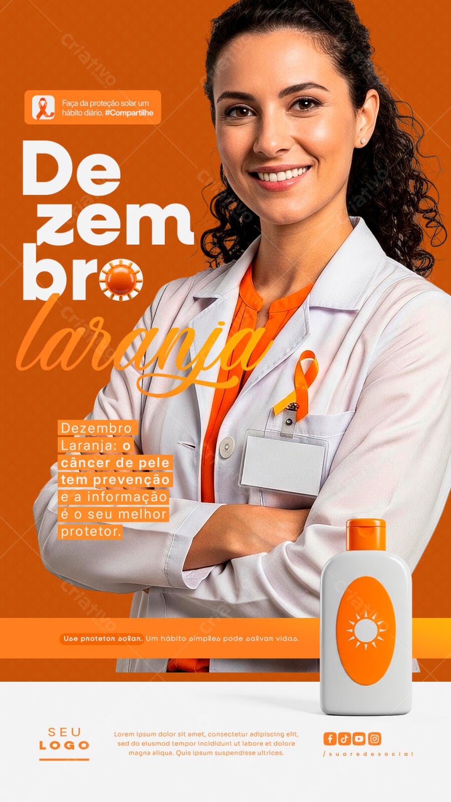 Post Redes Sociais Dezembro Laranja Prevenção Câncer de Pele PSD Editável