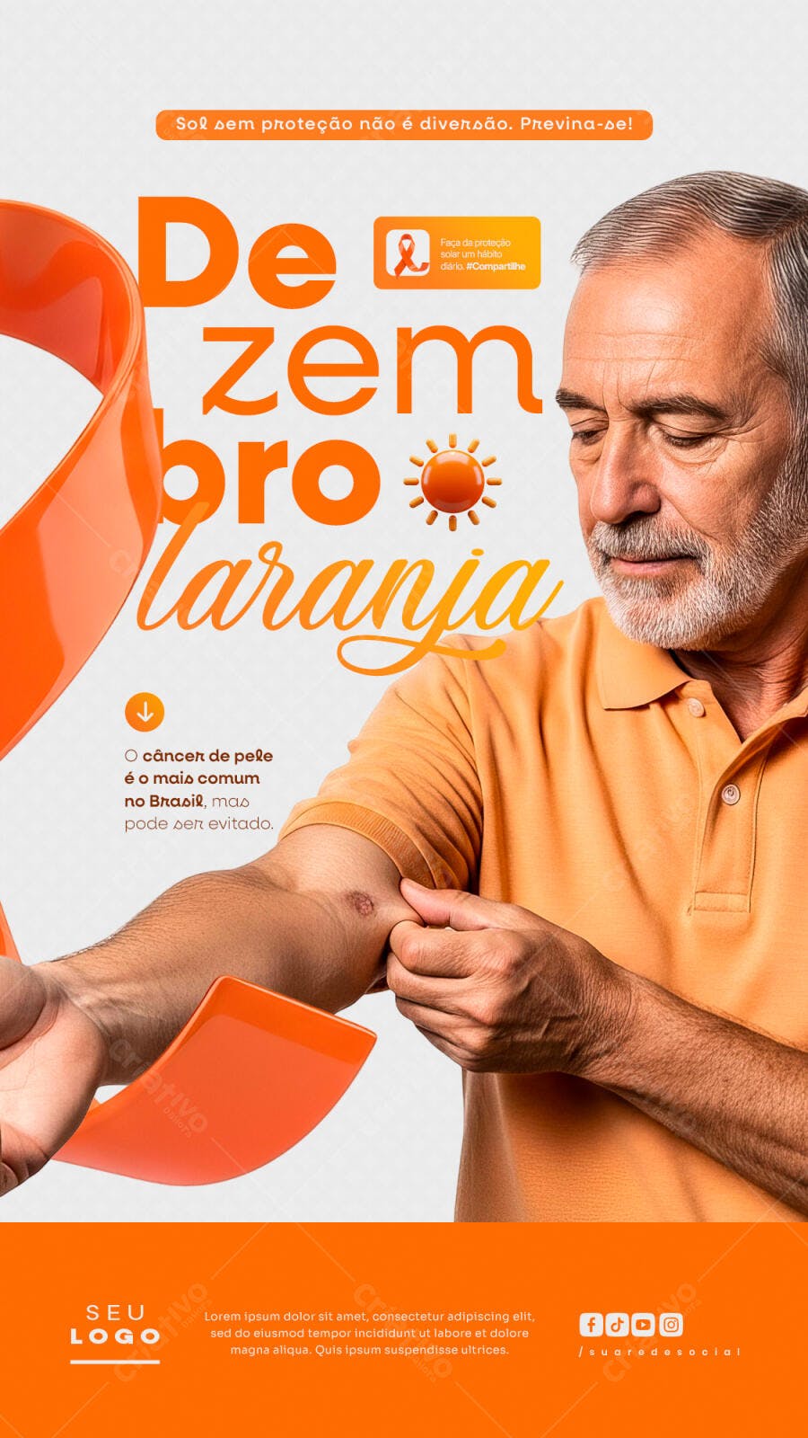 Flyer Dezembro Laranja Homem Idoso Câncer de Pele PSD Editável
