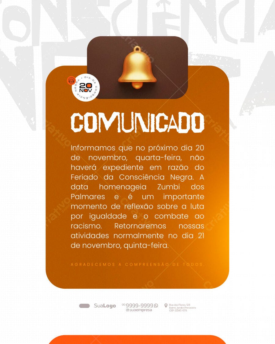 Post Redes Sociais Comunicado Feriado 20 Nov Consciência Negra PSD Editável