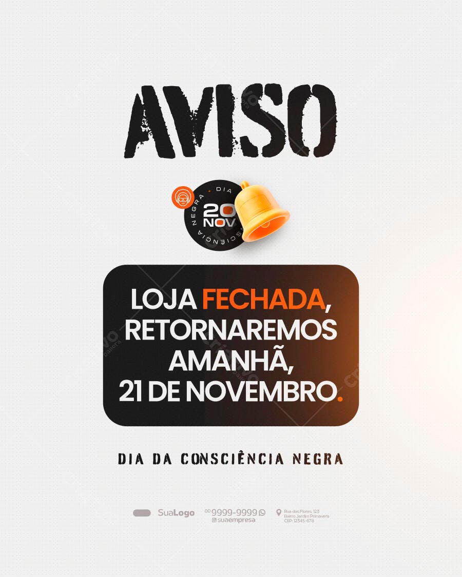 Aviso para Redes Sociais Fechamento de Loja Dia da Consciência Negra PSD Editável