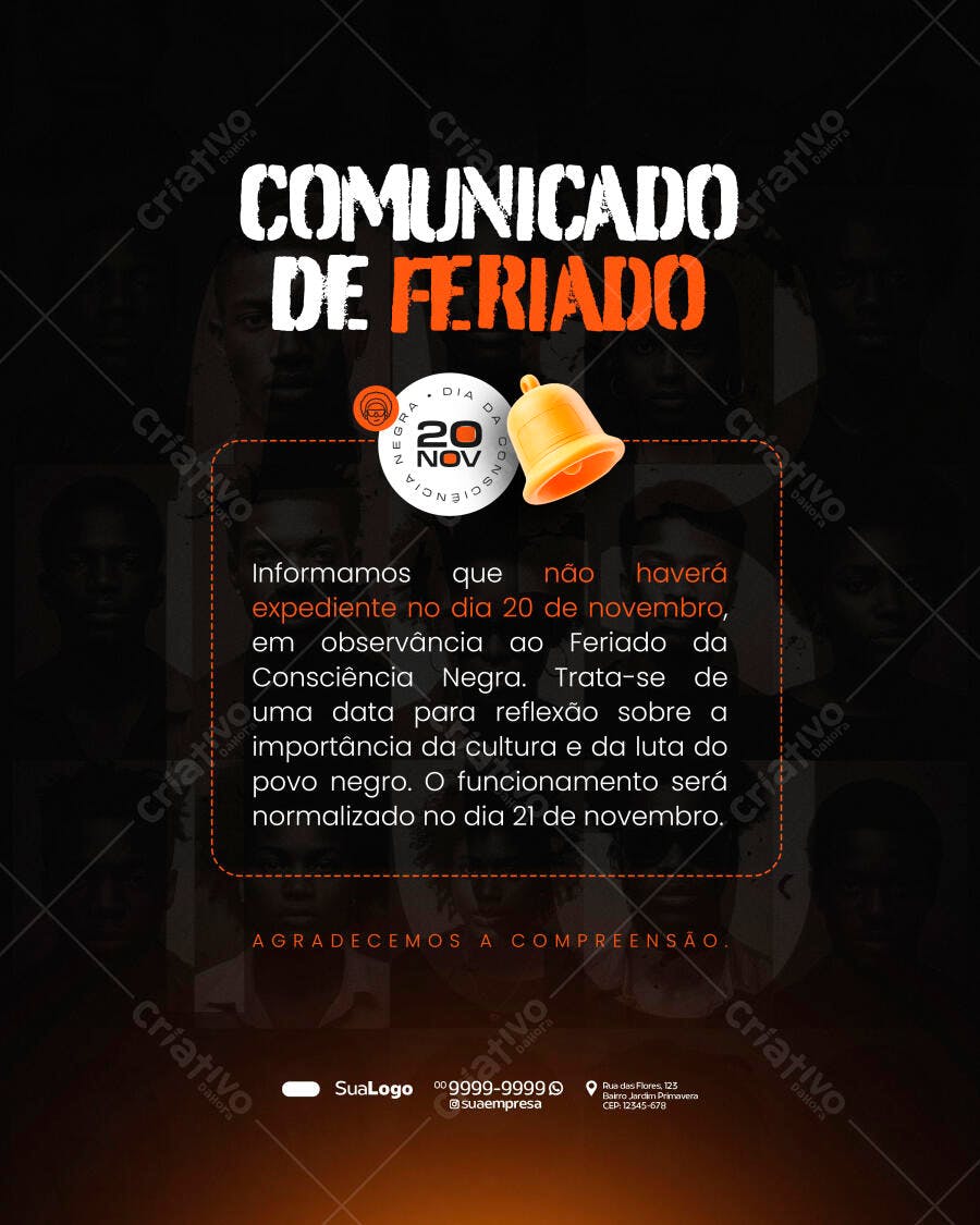 Flyer Comunicado Feriado 20 Novembro Consciência Negra PSD Editável