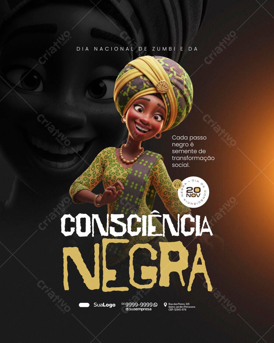 Flyer Consciência Negra 20 NOV Mulher Afro PSD Editável