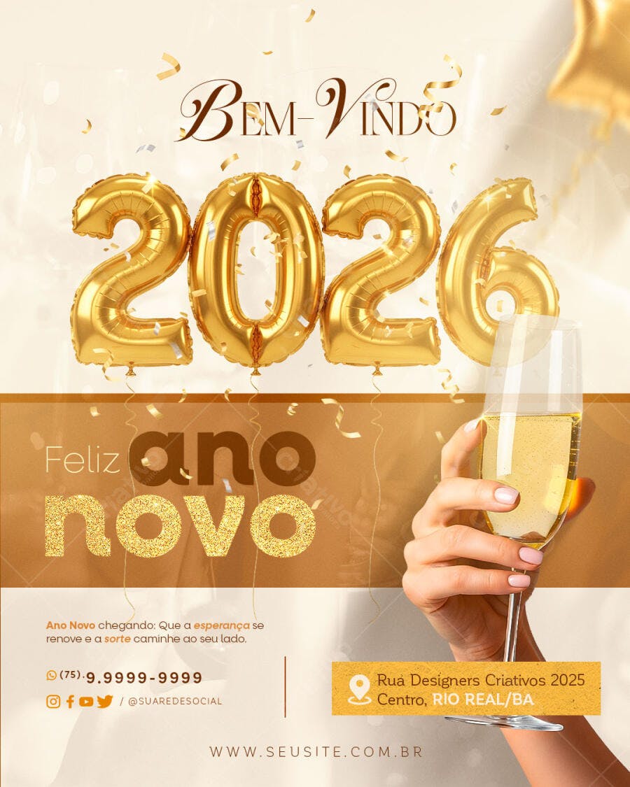 Flyer de Ano Novo 2026 com balões dourados e champanhe PSD Editável