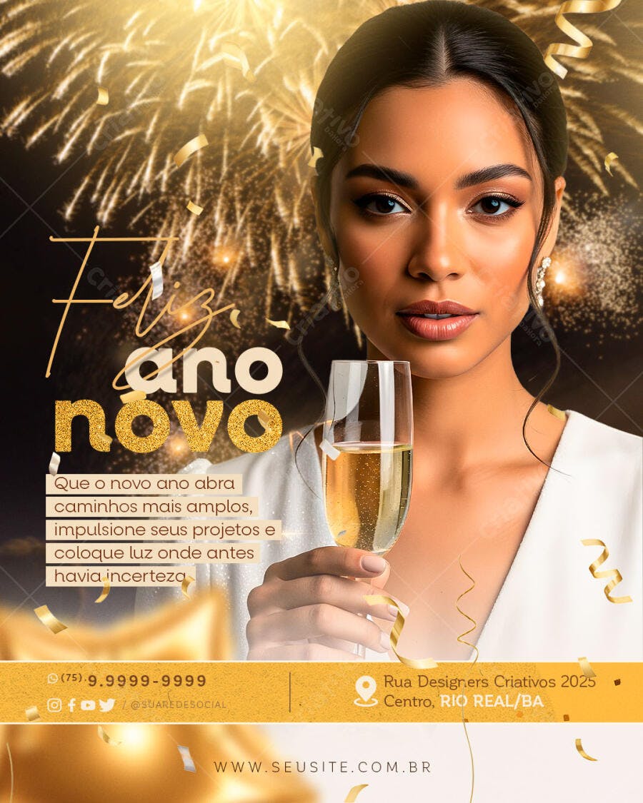 Flyer Ano Novo Dourado Mulher Brindando com Fogos PSD Editável