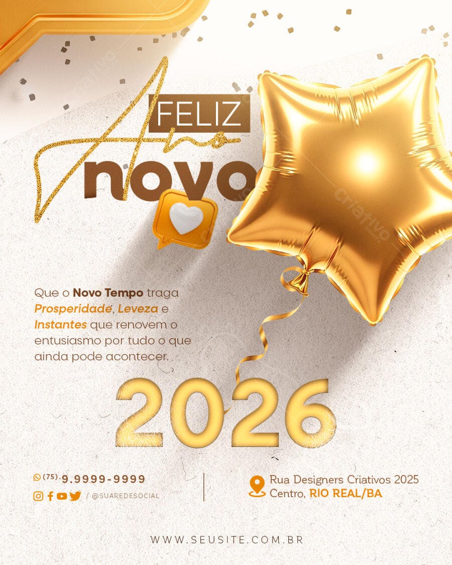 Flyer Feliz Ano Novo 2026 Balão Estrela Dourada PSD Editável