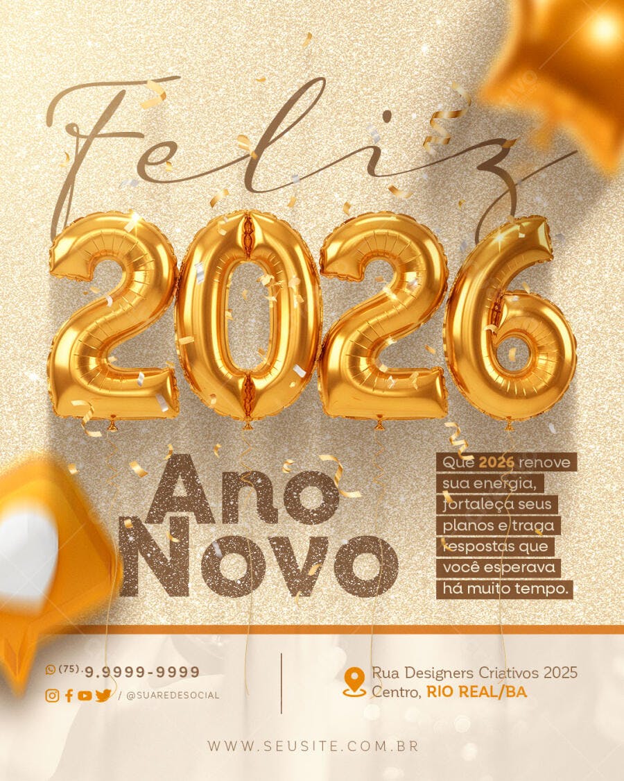 Flyer para Ano Novo 2026 Dourado com Balões PSD Editável