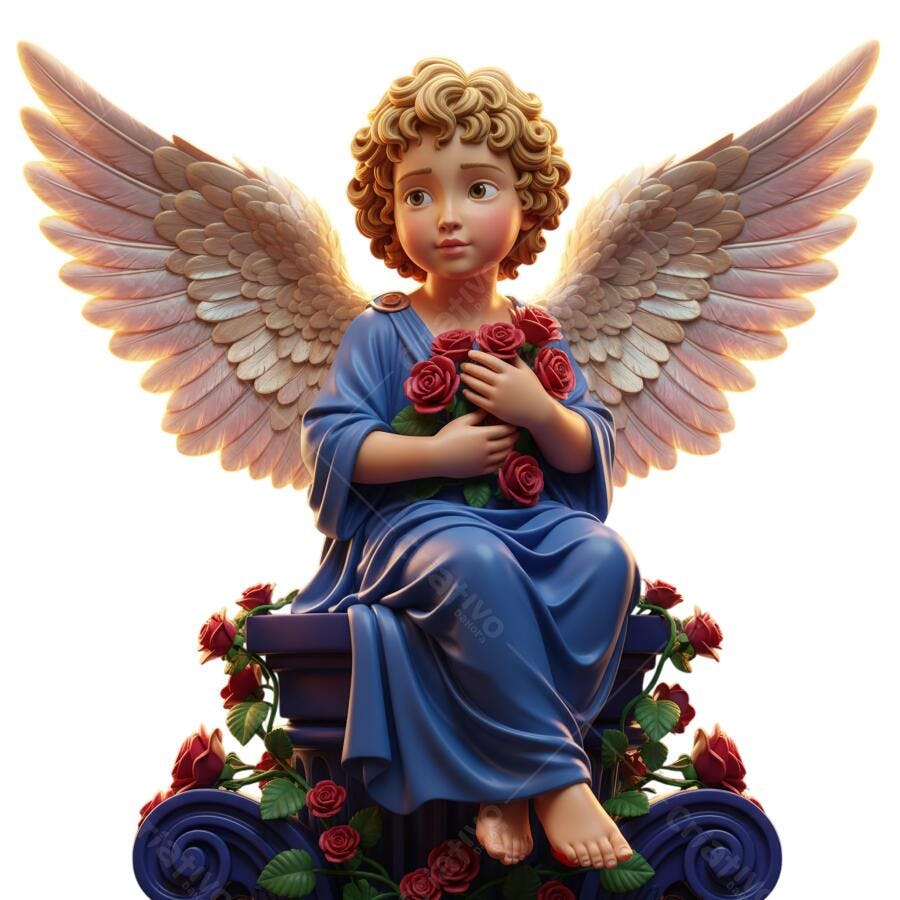 Ilustração Anjo Querubim com Rosas Azuis PNG com fundo transparente