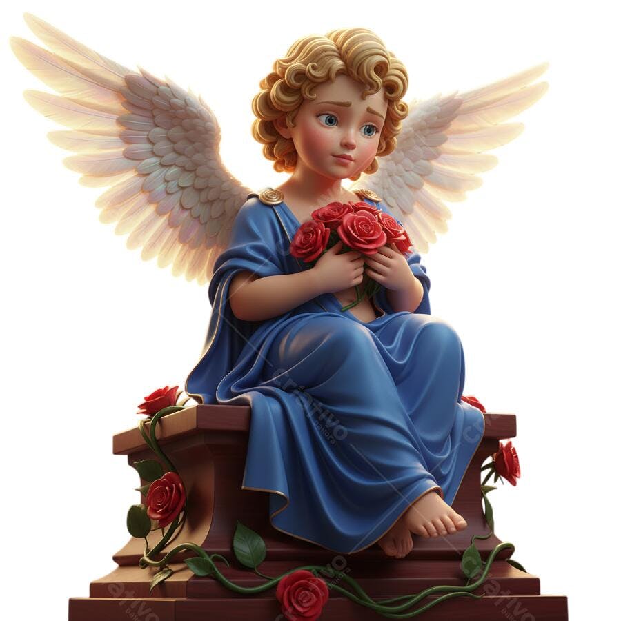 Ilustração 3D Anjo Querubim Loiro Rosas Vermelhas Azuis PNG com fundo transparente