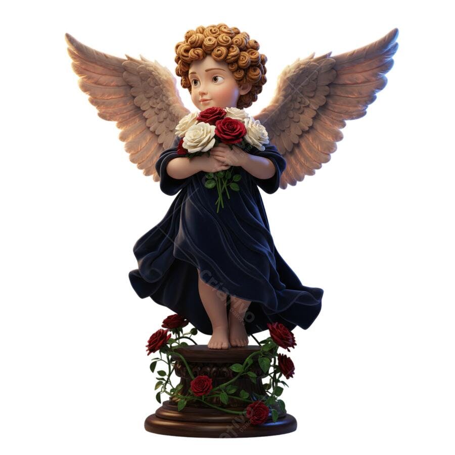 Ilustração 3D Anjo Querubim com Rosas Vermelhas e Brancas PNG com fundo transparente