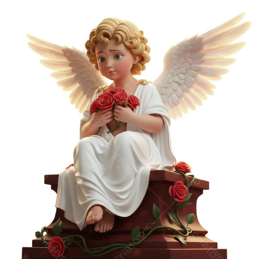 Anjo Cupido Sentado com Rosas Vermelhas para Amor PNG com fundo transparente